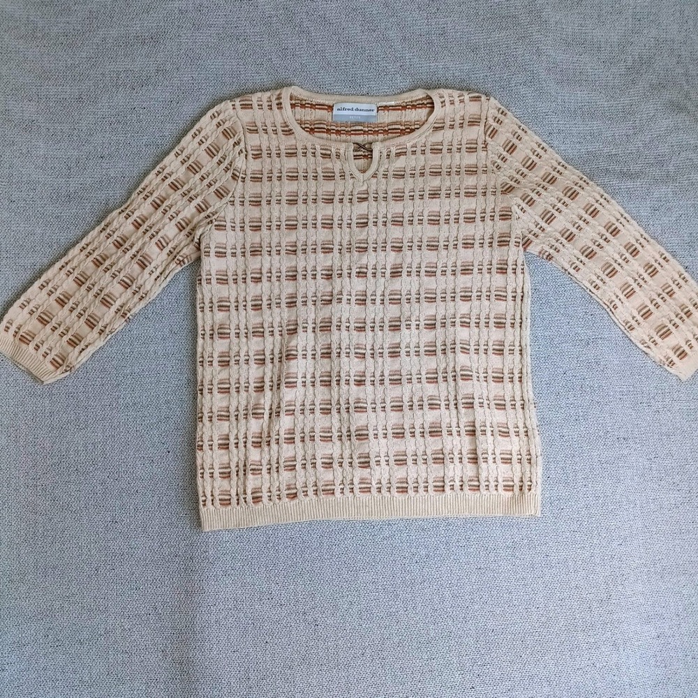Alfred Dunner Sweater Top Womens Petite Beige Excellent Keyhole 3/4 Sleeve Knit